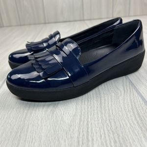 FitFlop Shoes Womens Size 7 Blue Patent Leather Penny Loafer Fringe Casual